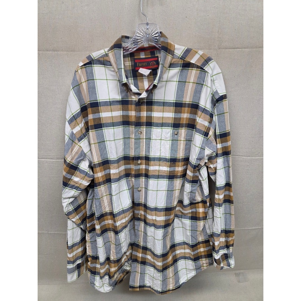 Twenty‎ X Wrangler Mens Plaid Long Sleeve Button Down Shirt Tan Navy White 1533